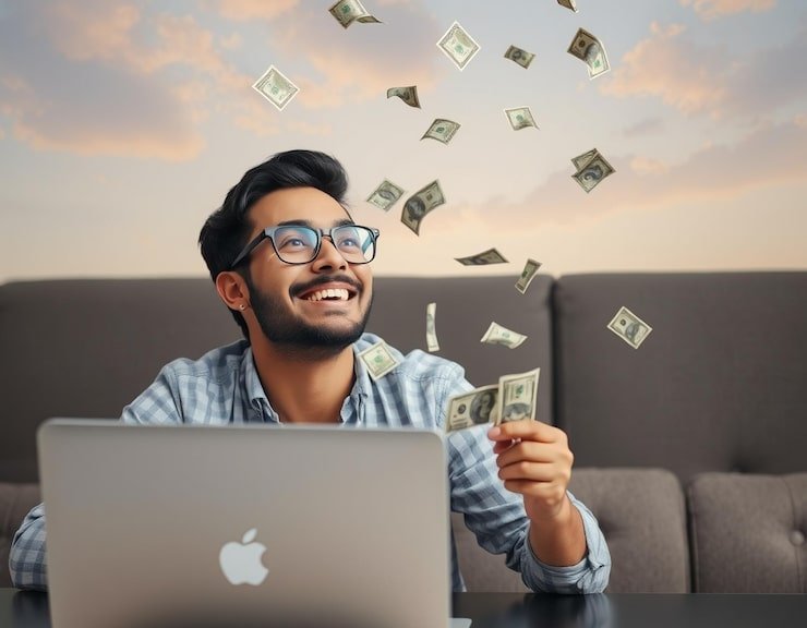 young man glasses looking happy laptop with dollars taka falling from sky 776674 1133050